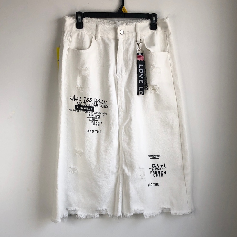 White Distressed Midi Denim Skirt with Printed Graphics and 'LOVE' Keychain - Picture 1 of 5